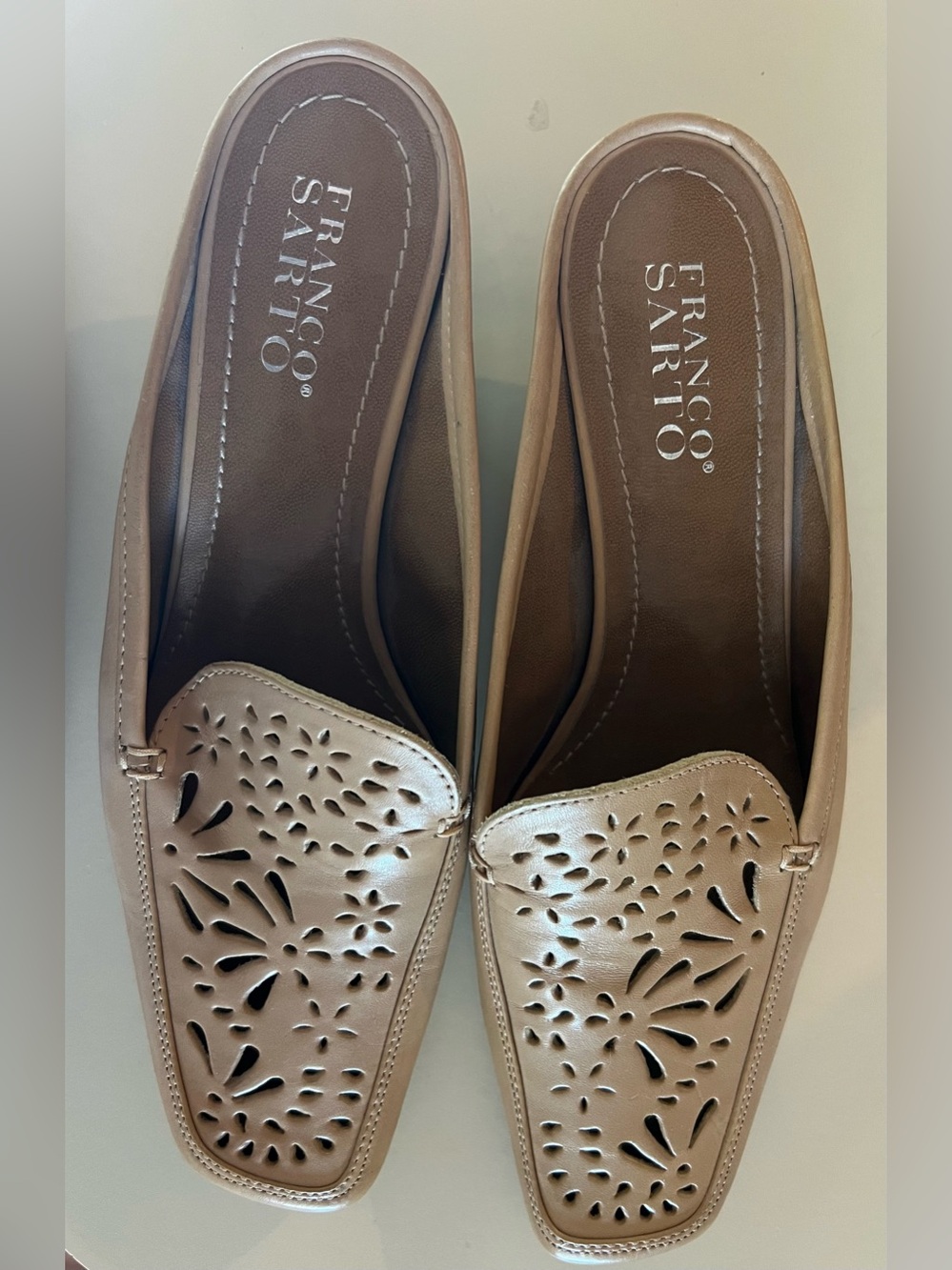 Franco Sarto Taupe Laser-Cut Slip-On Mules Sz 8 leather made in Brazil nwot